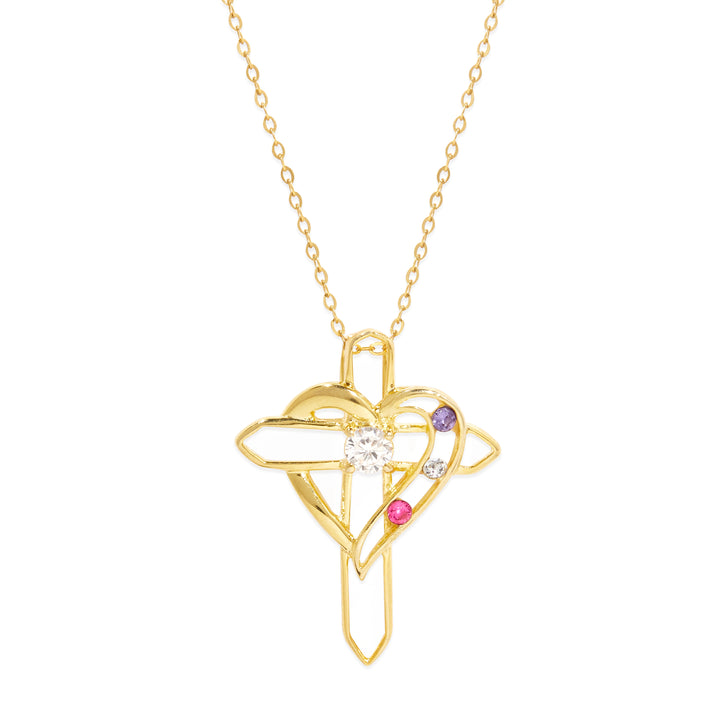 Custom Birthstone Heart and Cross Necklace