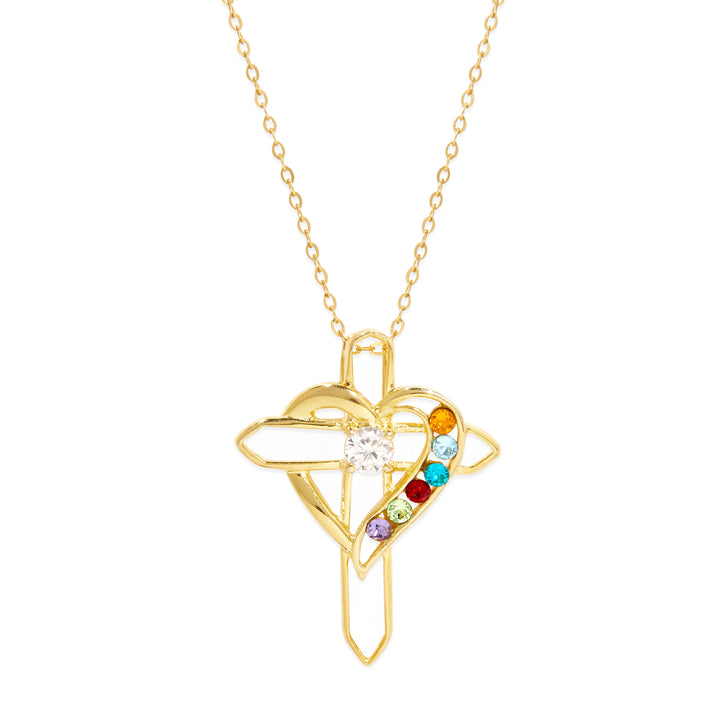 Custom Birthstone Heart and Cross Necklace