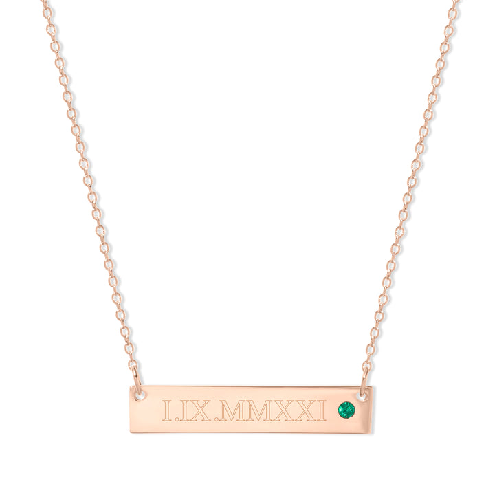 Roman Numeral Rose Gold Birthstone Bar Necklace