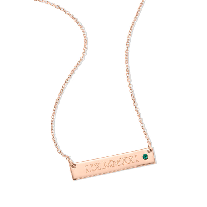 Roman Numeral Rose Gold Birthstone Bar Necklace