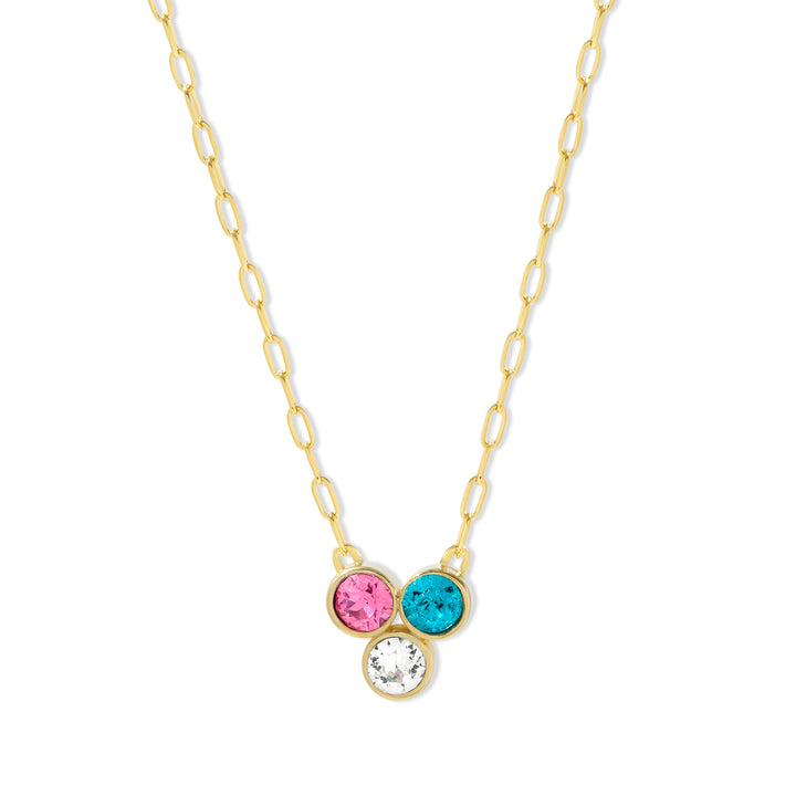 Custom Paperclip Chain Three Stone Gold Flower Bezel Birthstone Necklace