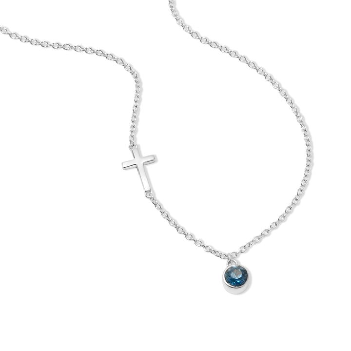 Custom Bezel Set Silver Cross Birthstone Necklace