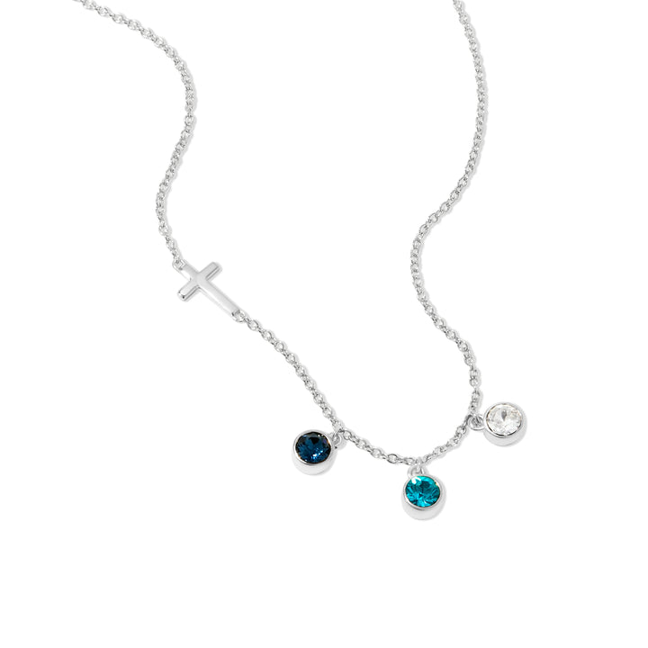 Three Stone Bezel Set Silver Cross Birthstone Necklace