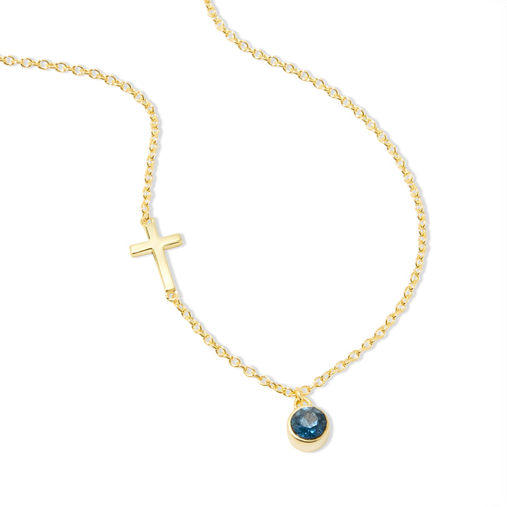 Custom Bezel Set Gold Cross Birthstone Necklace