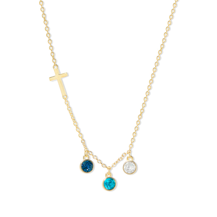 Three Stone Bezel Set Gold Cross Birthstone Necklace