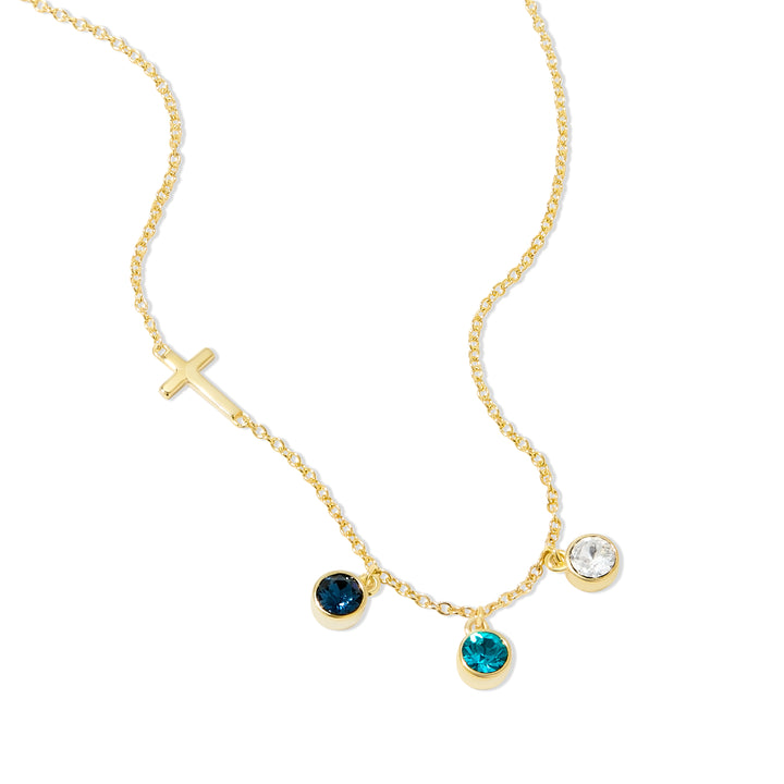 Three Stone Bezel Set Gold Cross Birthstone Necklace