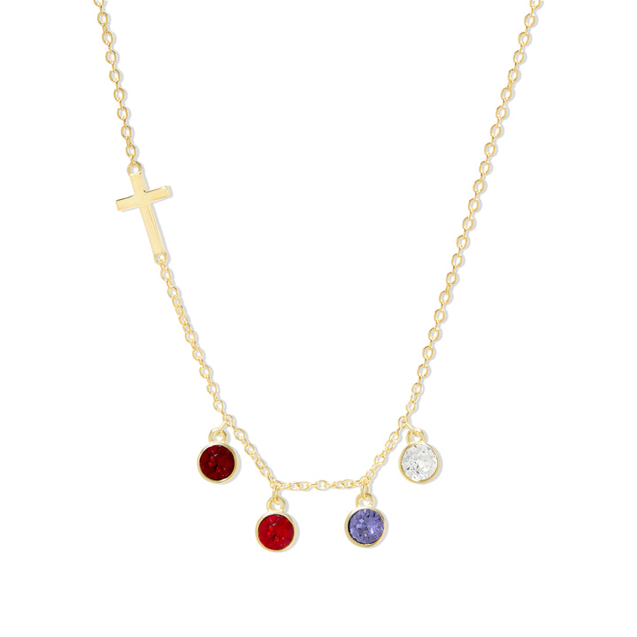 Four Stone Bezel Set Gold Cross Birthstone Necklace