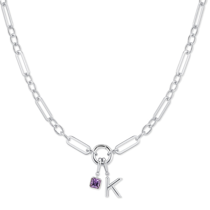 Custom Birthstone and Initial Paperclip Charm Necklace