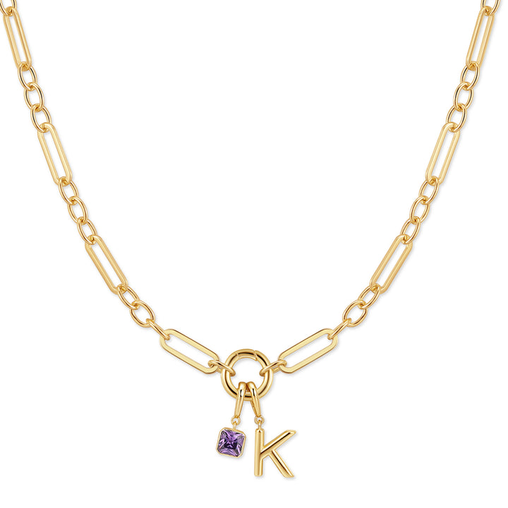 Custom Birthstone and Initial Paperclip Charm Necklace