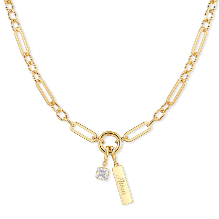 Engravable Birthstone Bar Paperclip Charm Necklace