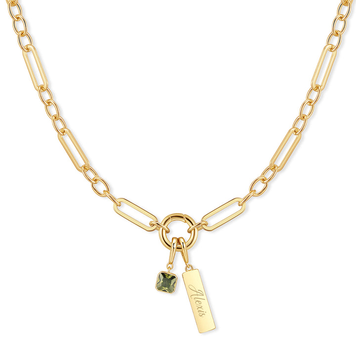 Engravable Birthstone Bar Paperclip Charm Necklace
