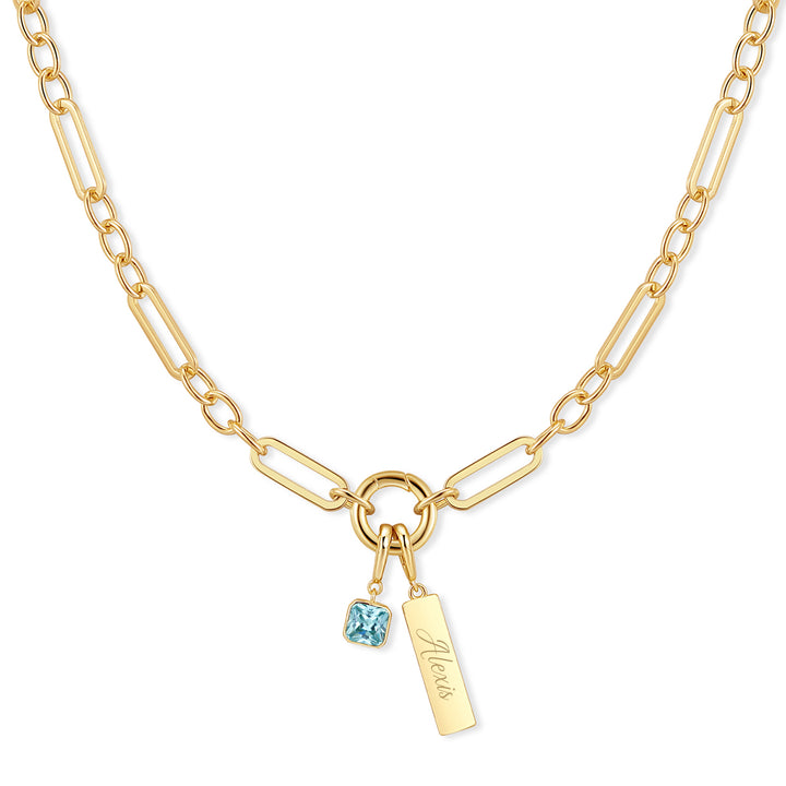 Engravable Birthstone Bar Paperclip Charm Necklace