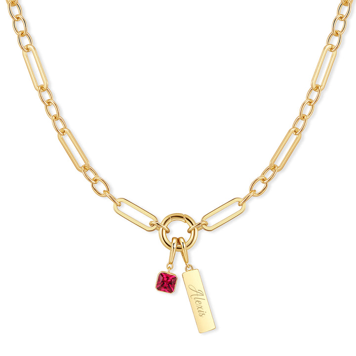 Engravable Birthstone Bar Paperclip Charm Necklace