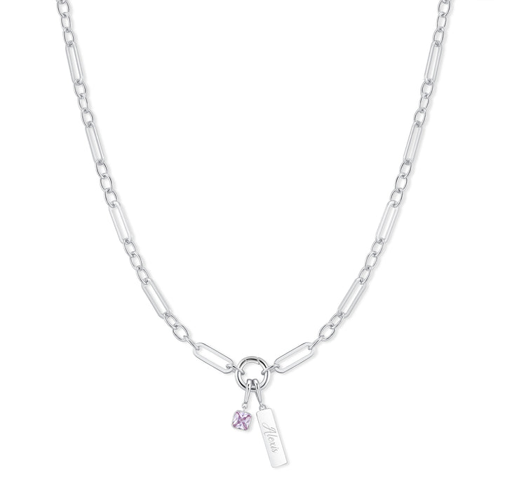 Engravable Birthstone Bar Paperclip Charm Necklace