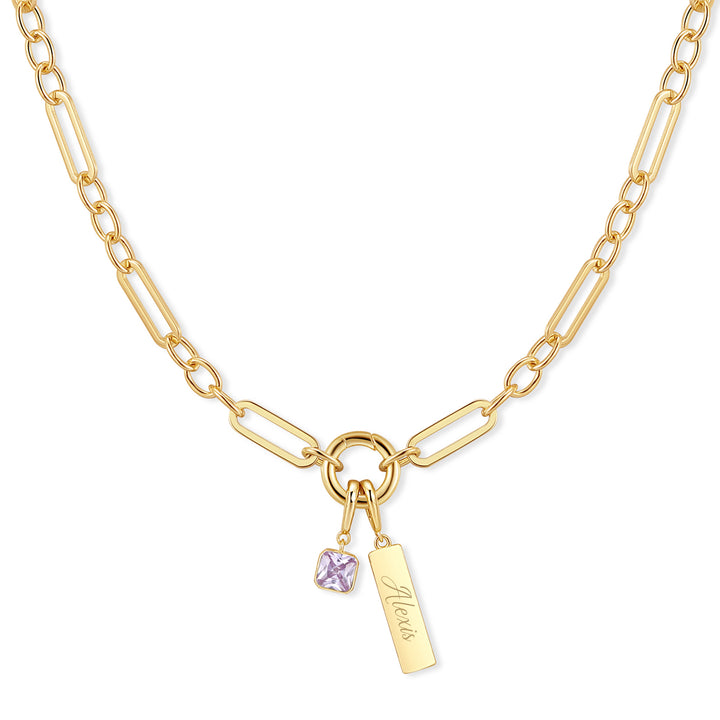 Engravable Birthstone Bar Paperclip Charm Necklace