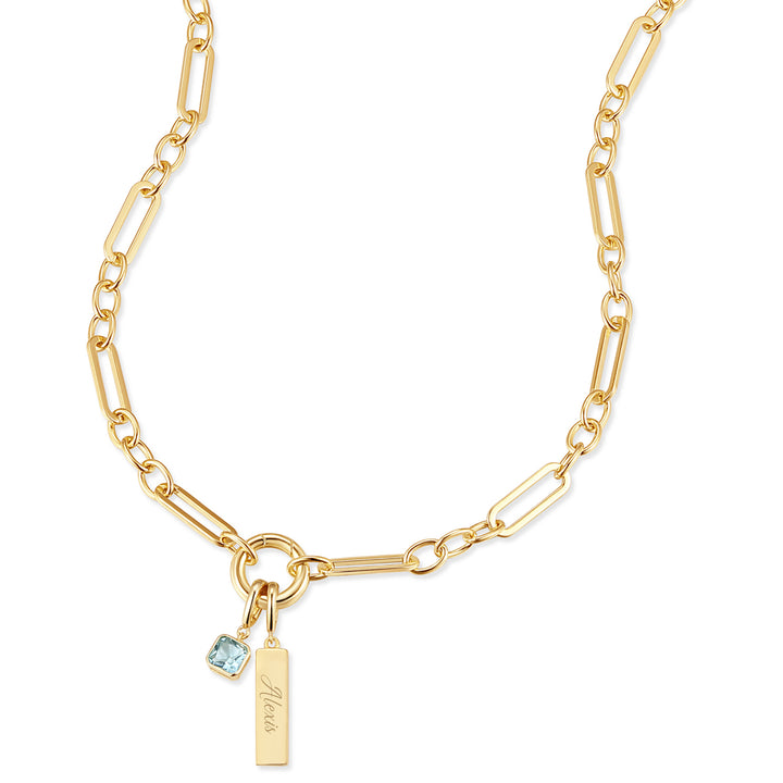 Engravable Birthstone Bar Paperclip Charm Necklace