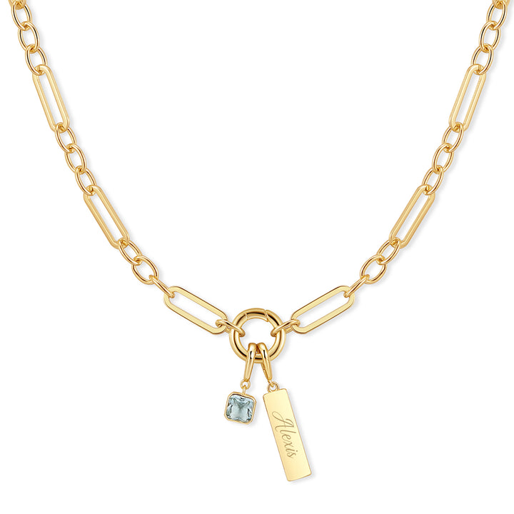 Engravable Birthstone Bar Paperclip Charm Necklace