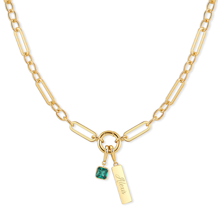 Engravable Birthstone Bar Paperclip Charm Necklace