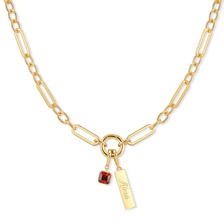 Engravable Birthstone Bar Paperclip Charm Necklace