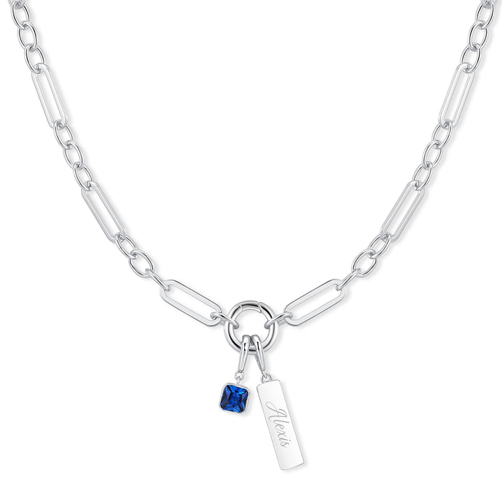 Engravable Birthstone Bar Paperclip Charm Necklace