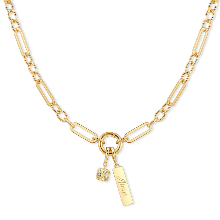 Engravable Birthstone Bar Paperclip Charm Necklace