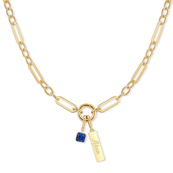 Engravable Birthstone Bar Paperclip Charm Necklace