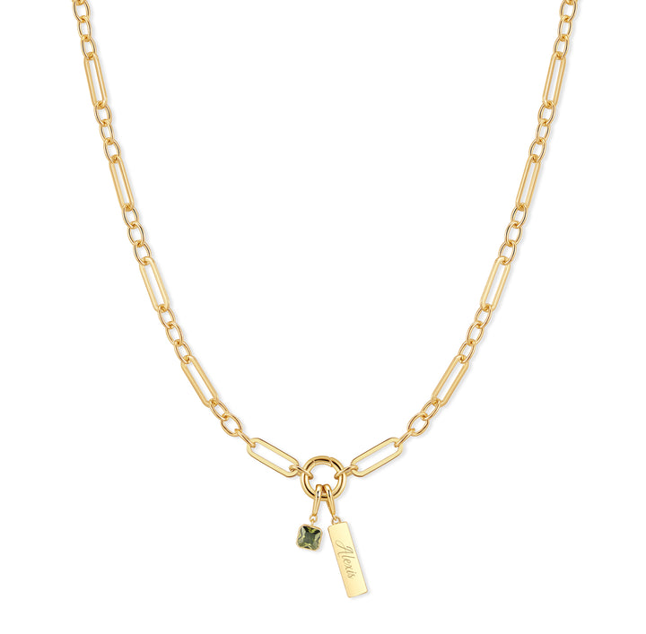 Engravable Birthstone Bar Paperclip Charm Necklace