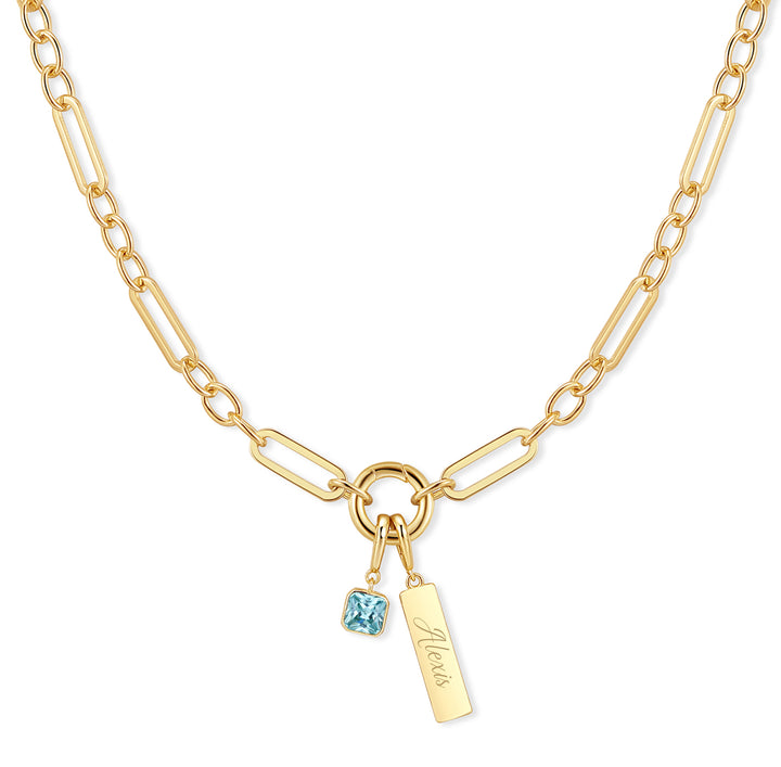 Engravable Birthstone Bar Paperclip Charm Necklace