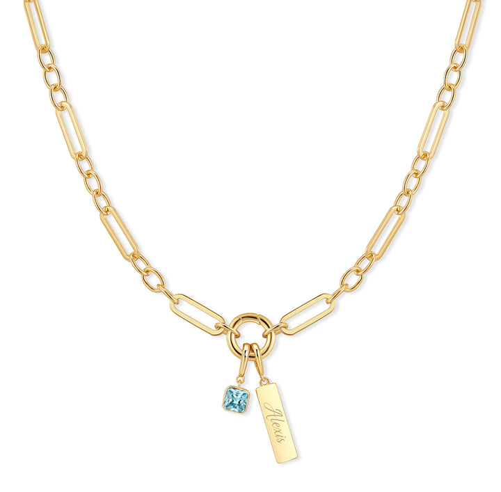 Engravable Birthstone Bar Paperclip Charm Necklace