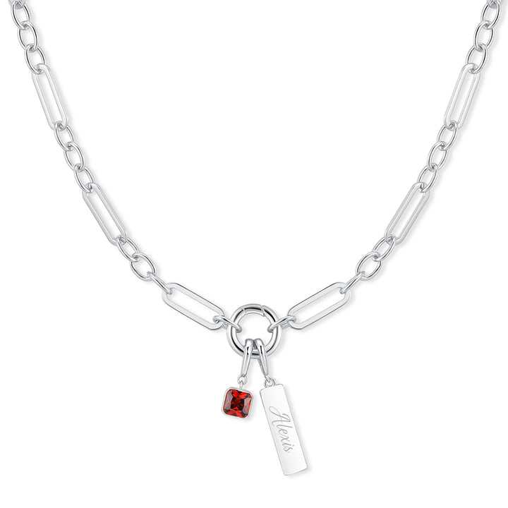 Engravable Birthstone Bar Paperclip Charm Necklace
