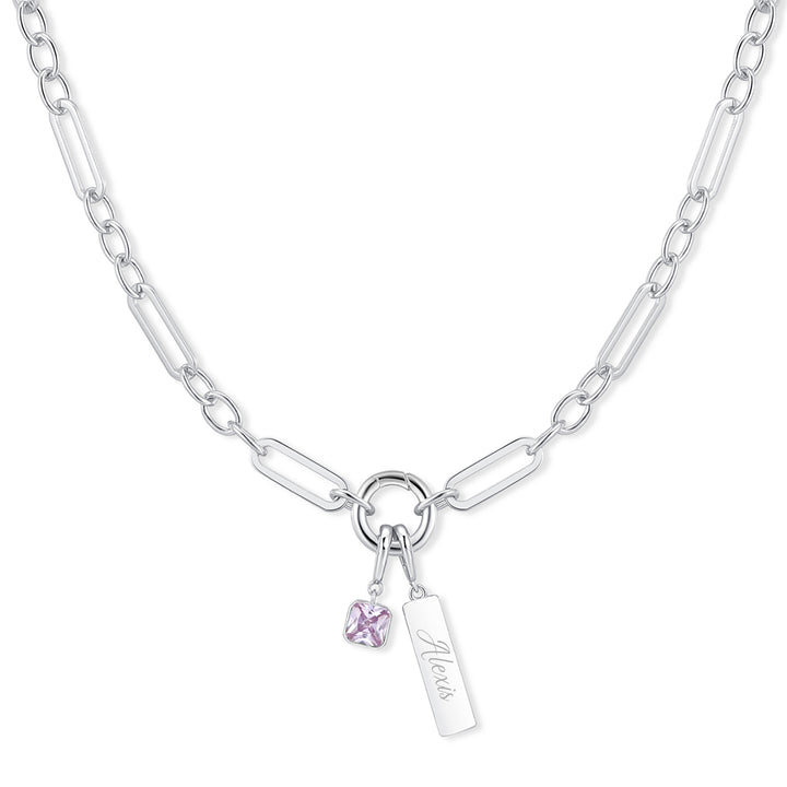 Engravable Birthstone Bar Paperclip Charm Necklace