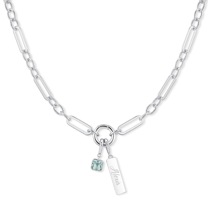 Engravable Birthstone Bar Paperclip Charm Necklace