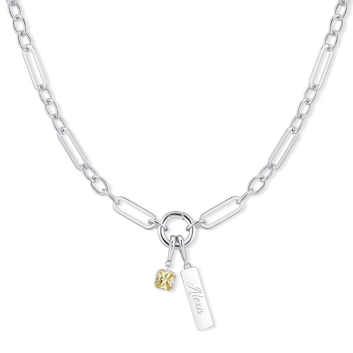 Engravable Birthstone Bar Paperclip Charm Necklace
