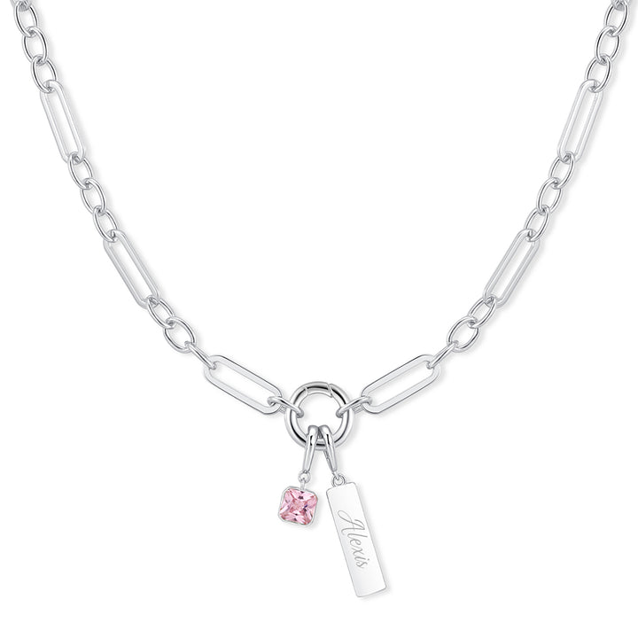 Engravable Birthstone Bar Paperclip Charm Necklace