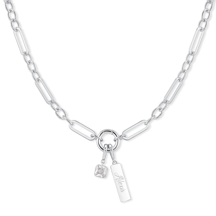 Engravable Birthstone Bar Paperclip Charm Necklace