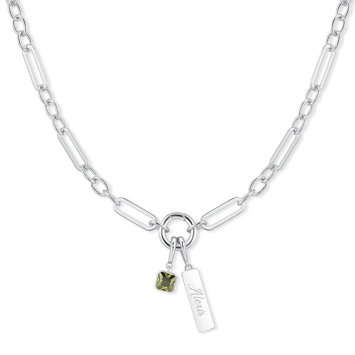 Engravable Birthstone Bar Paperclip Charm Necklace