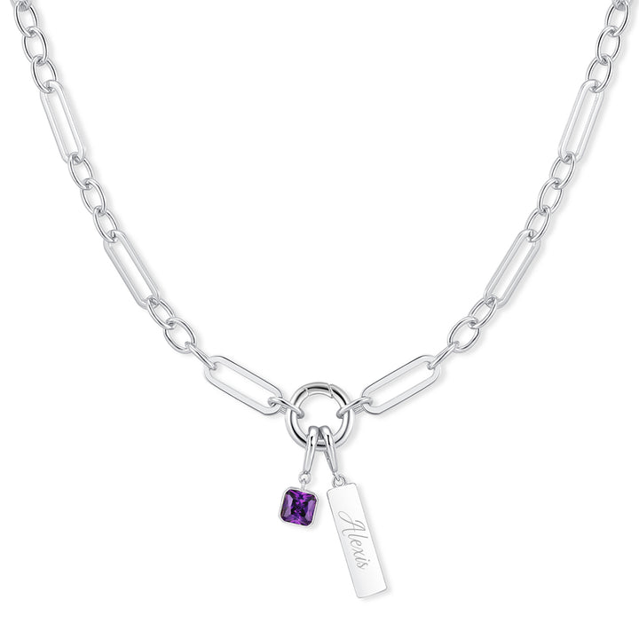 Engravable Birthstone Bar Paperclip Charm Necklace