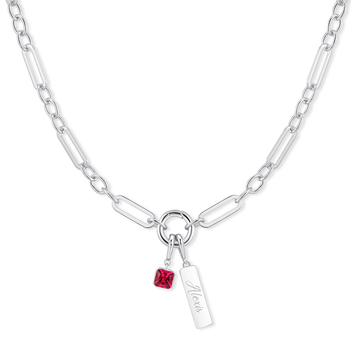 Engravable Birthstone Bar Paperclip Charm Necklace