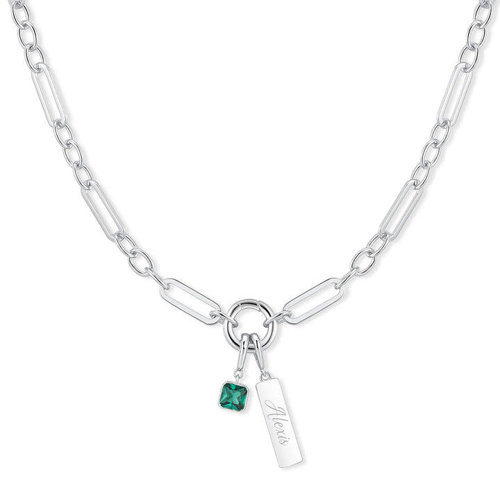 Engravable Birthstone Bar Paperclip Charm Necklace
