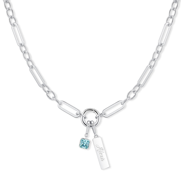 Engravable Birthstone Bar Paperclip Charm Necklace