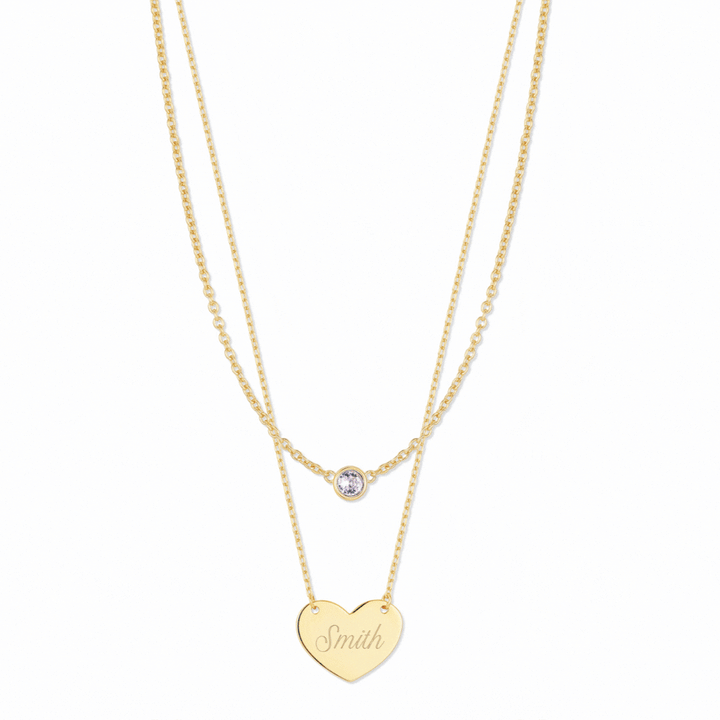 Custom Bezel Birthstone and Engravable Heart Layering Set