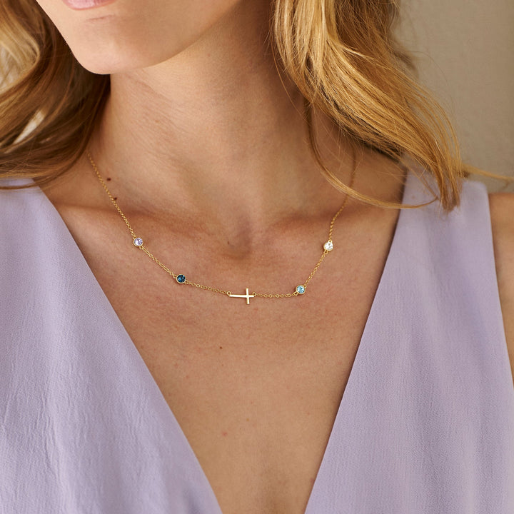 Custom Bezel Set Cross Station Birthstone Necklace