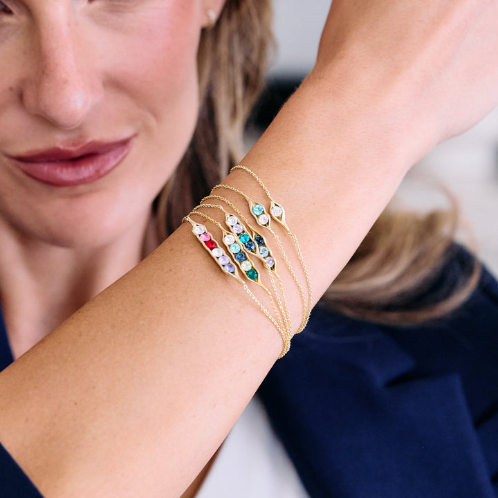 gold rolo chain bracelet with gold pea pod with birthstones.