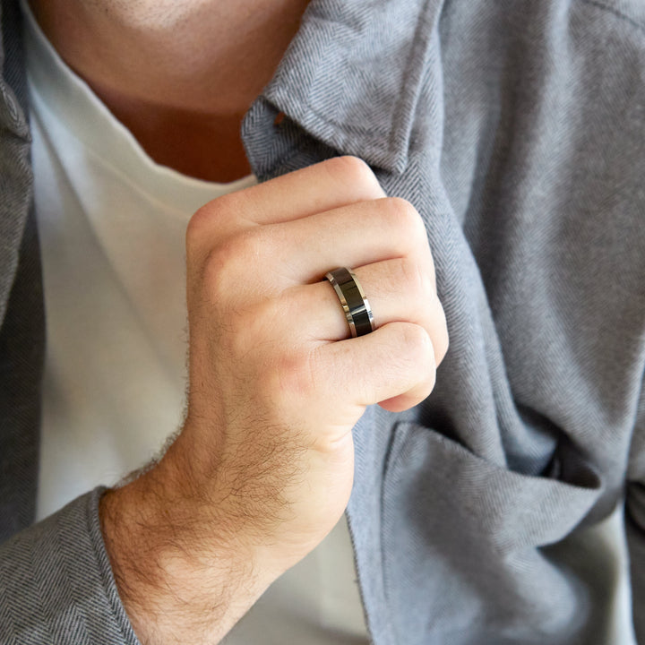 8 mm Black Tungsten Ring with Silver Beveled Edges