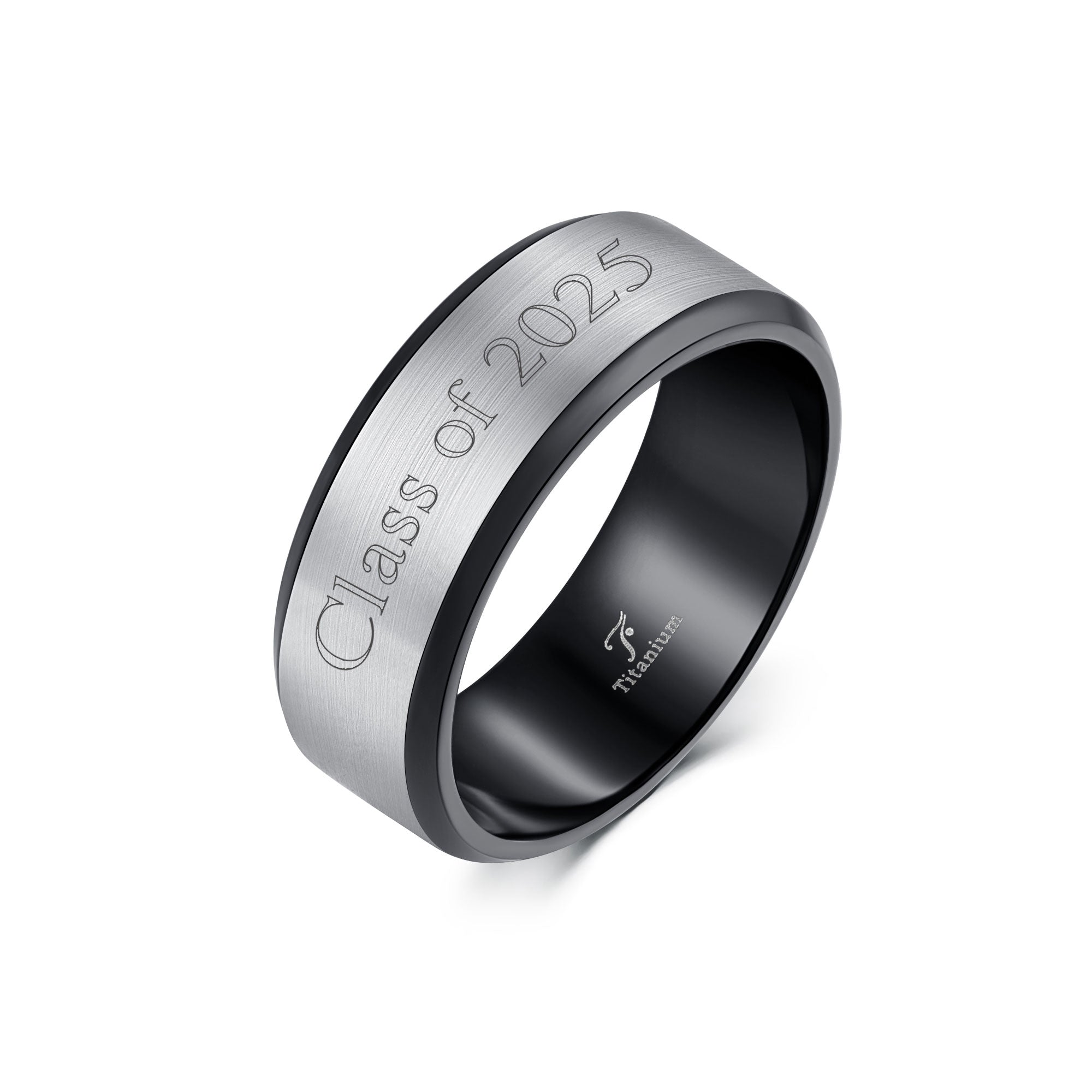 Brushed Silver Black Titanium Class Ring For Men – Mill Rock East