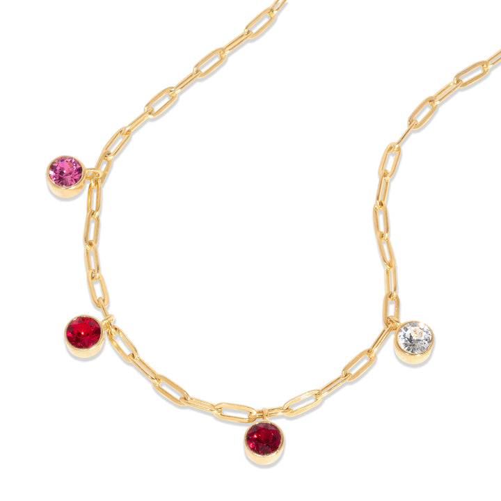 Four Gold Paperclip Chain Birthstone Charm Necklace