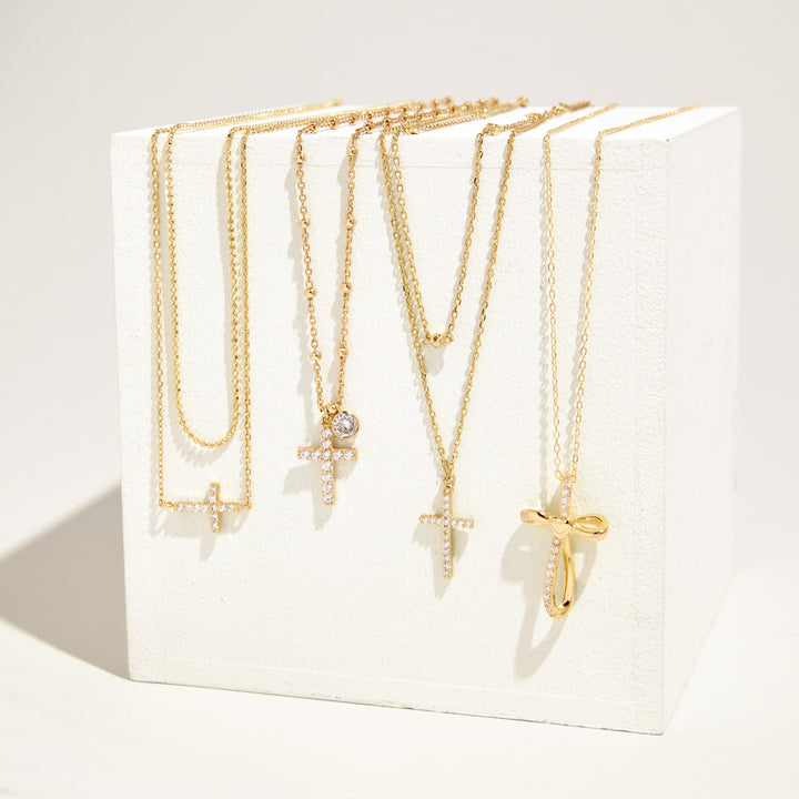 Gold Plated CZ Sideways Cross Layered Necklace Set