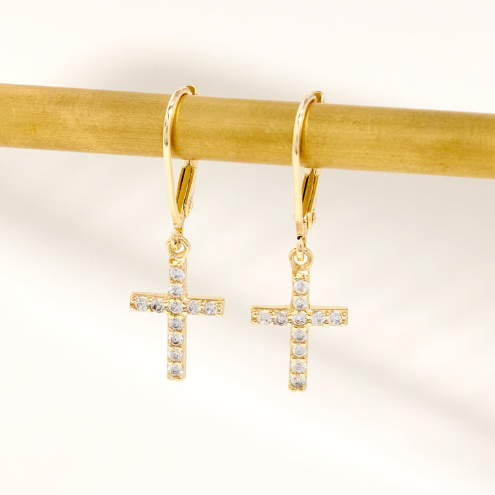 Gold Plated CZ Cross Drop Earrings