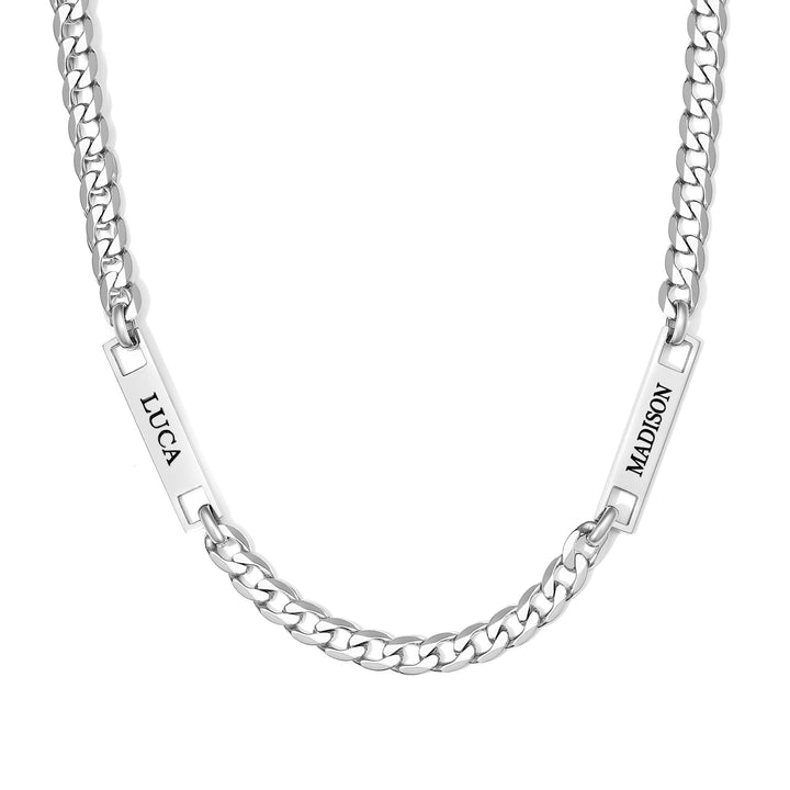 Stainless Steel Figaro Chain Engravable Two Name Bar Necklace