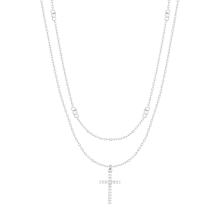 Sterling Silver CZ and Cross Layered Necklace Set